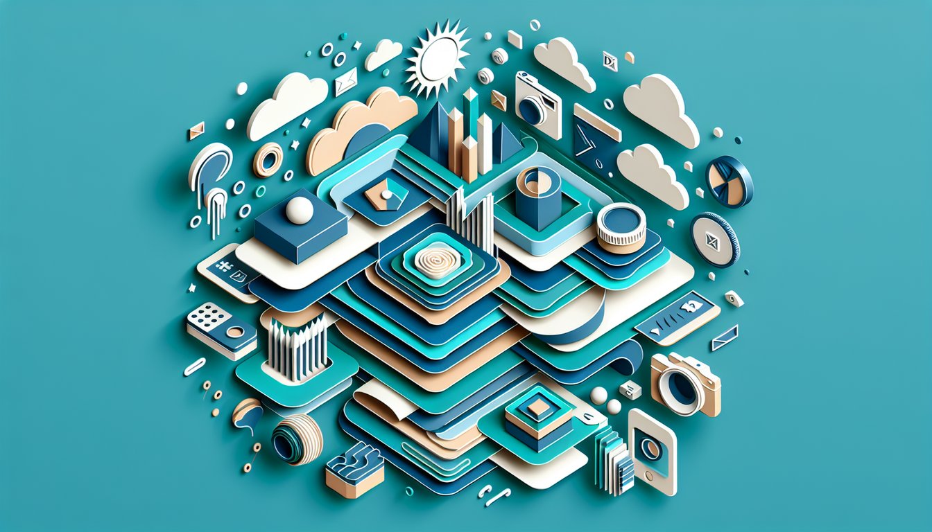 Paper cut collage of pixel clusters, vector shapes, rotation arrow, DPI icon on teal background promoting graphics quiz