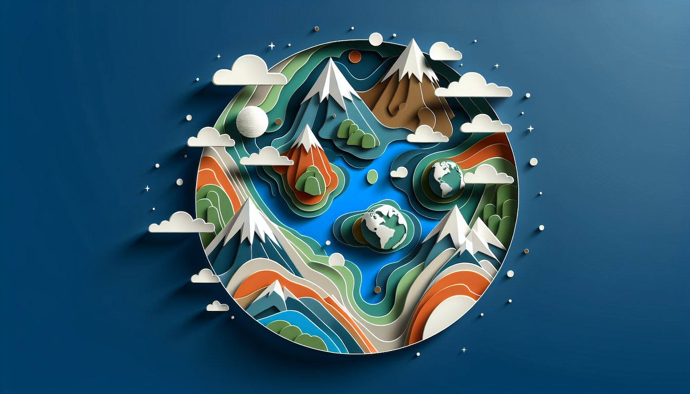 paper art globe map compass icons on dark blue background for free geography terms quiz