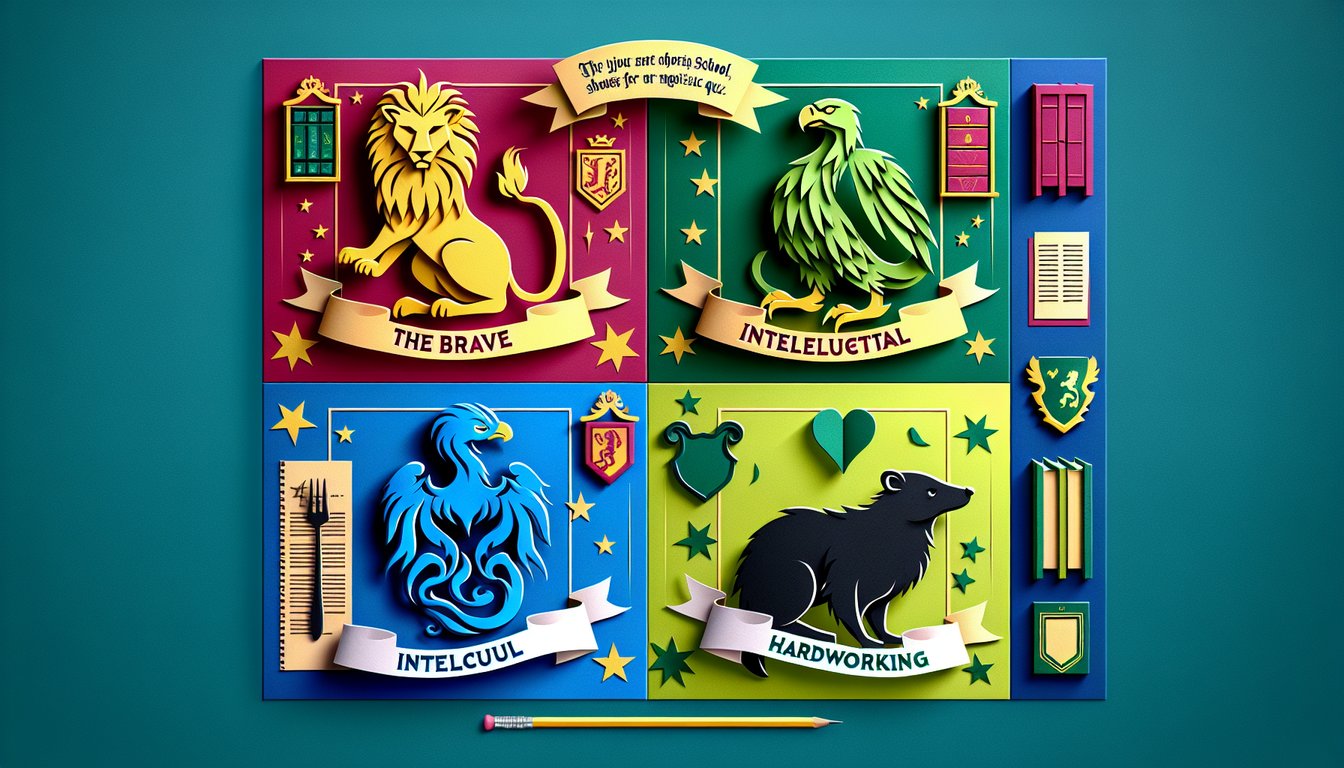 Paper art illustration showing Hogwarts house symbols and spells on teal background for a Harry Potter house quiz