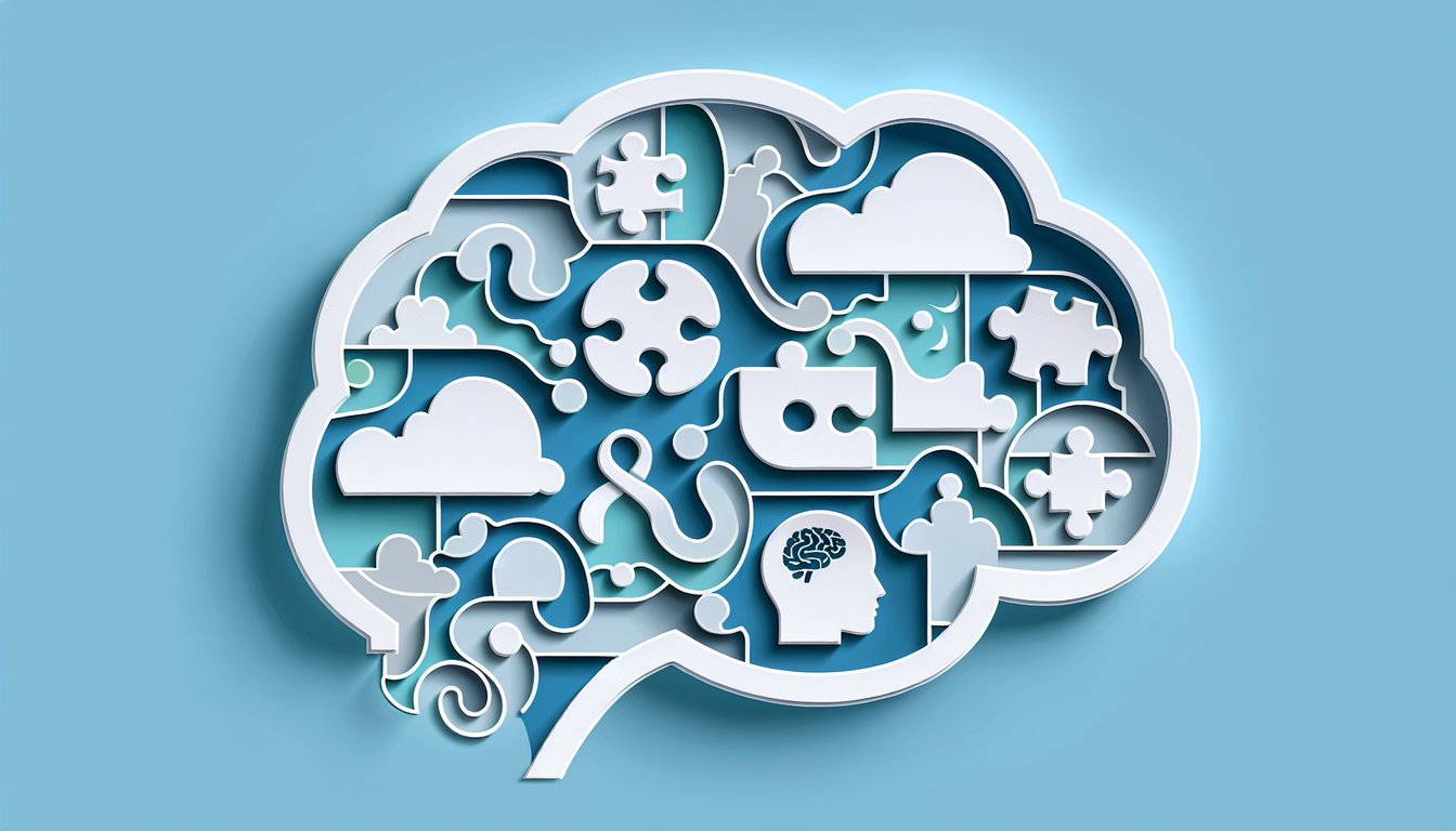 Paper art brain layers on sky blue background invites test of schizophrenia symptom knowledge