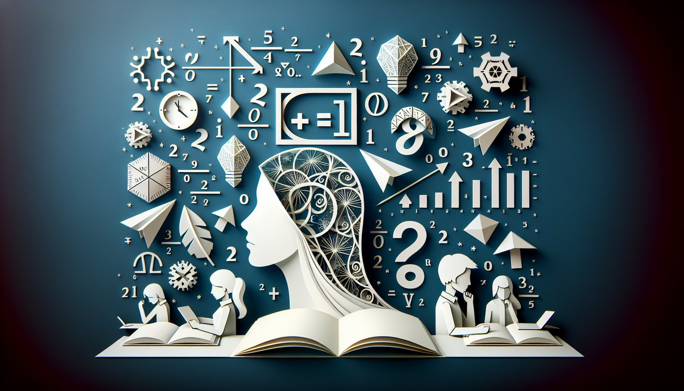 Colorful paper art promoting Equation Mastery, a challenging math trivia quiz for high school students.