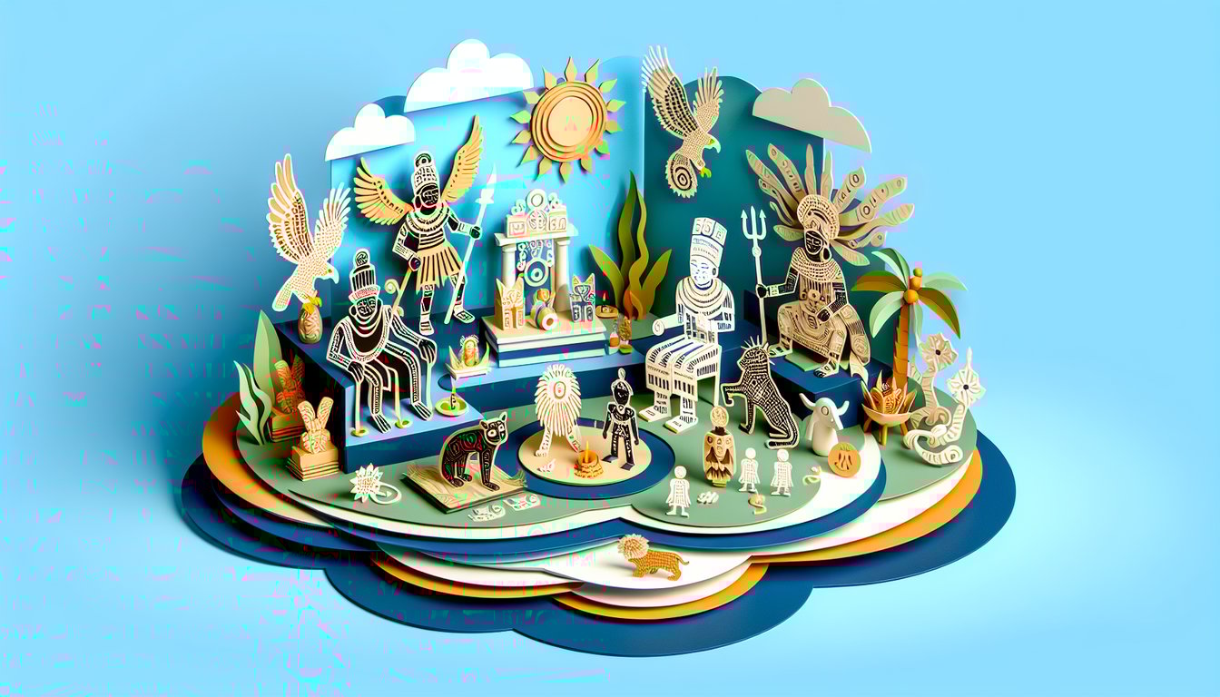 Papercut illustration featuring stylized Orisha deity faces and symbols on sky blue background for Yoruba gods quiz