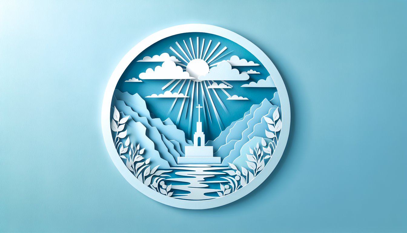 Paper art style LDS baptism quiz illustration with water layers and cross cutouts on sky blue background