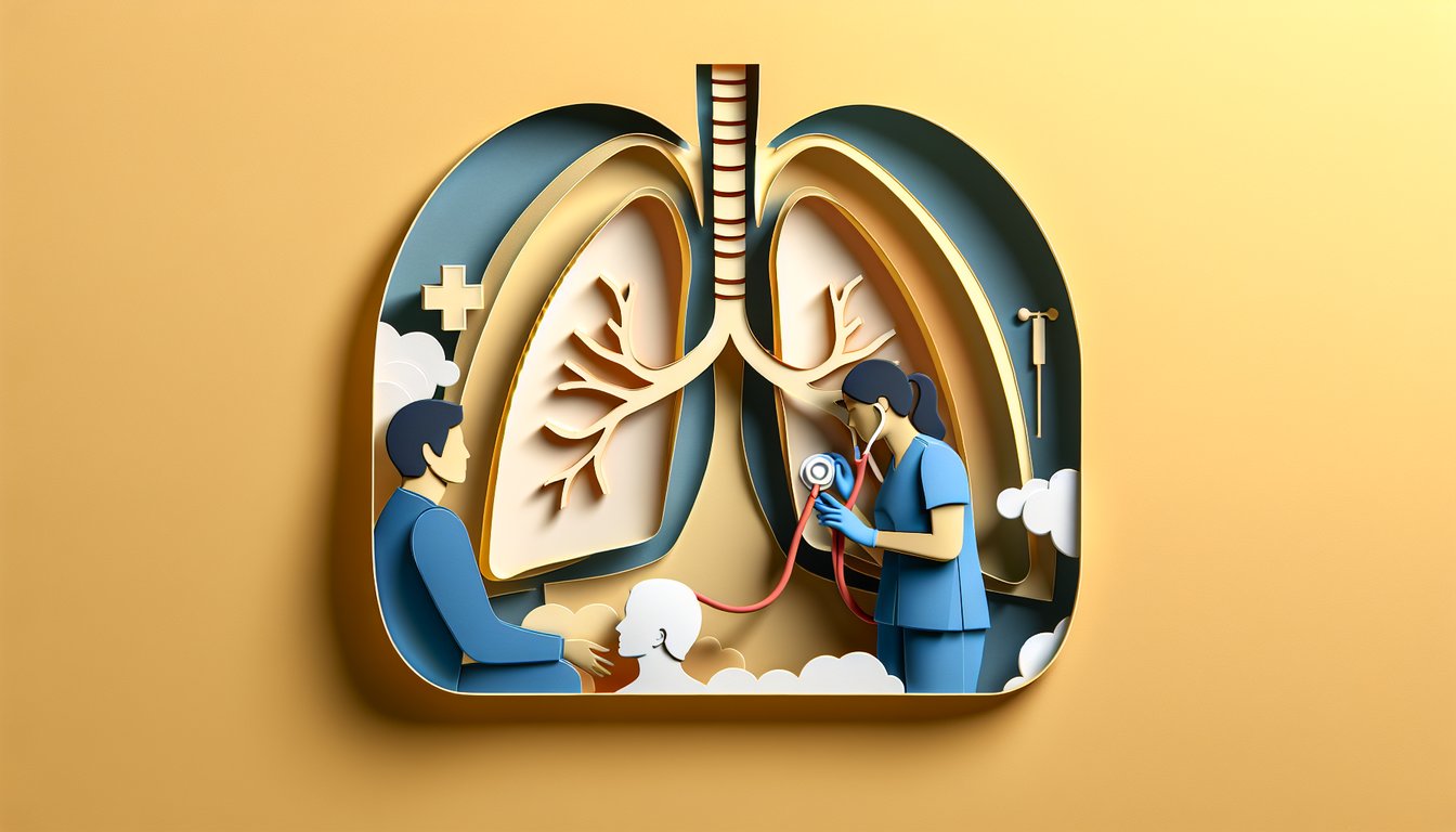 Paper art illustration of respiratory quiz elements lungs stethoscope notes NCLEX practice test on golden yellow background