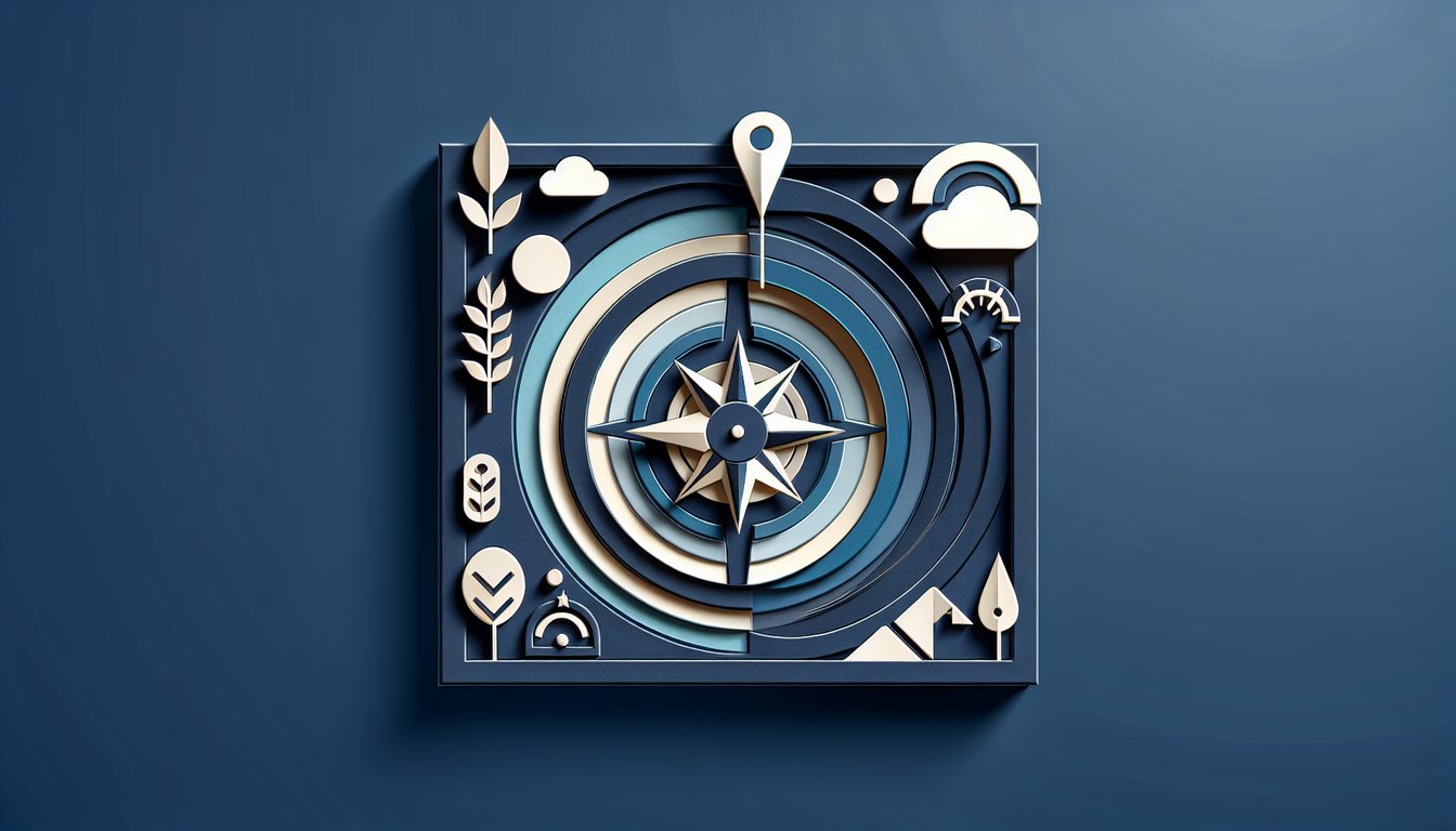 Paper art style compass scale heart and question mark on dark blue background symbolizing a conscience quiz