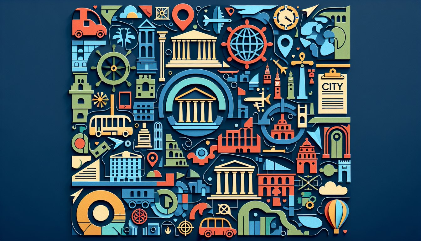 Colorful paper art depicting various historical city landmarks for a trivia quiz.
