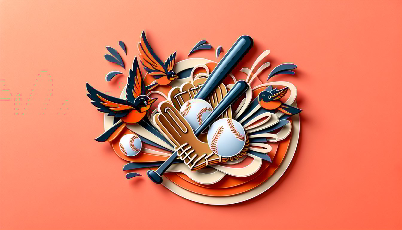Paper art illustration Baltimore Orioles trivia quiz title on coral background with baseball icons and paper cutout style