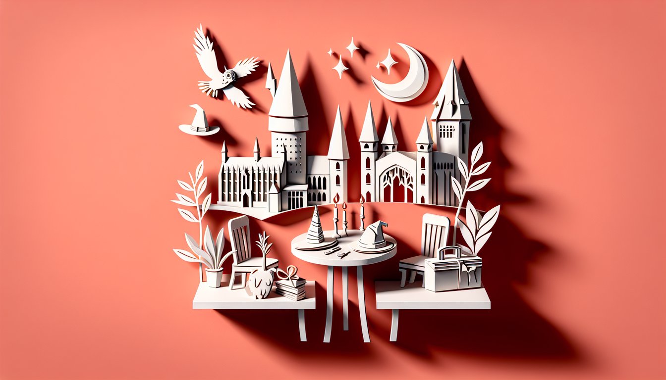 Paper art illustration for Harry Potter girlfriend quiz, uncover your Hogwarts match on coral background.
