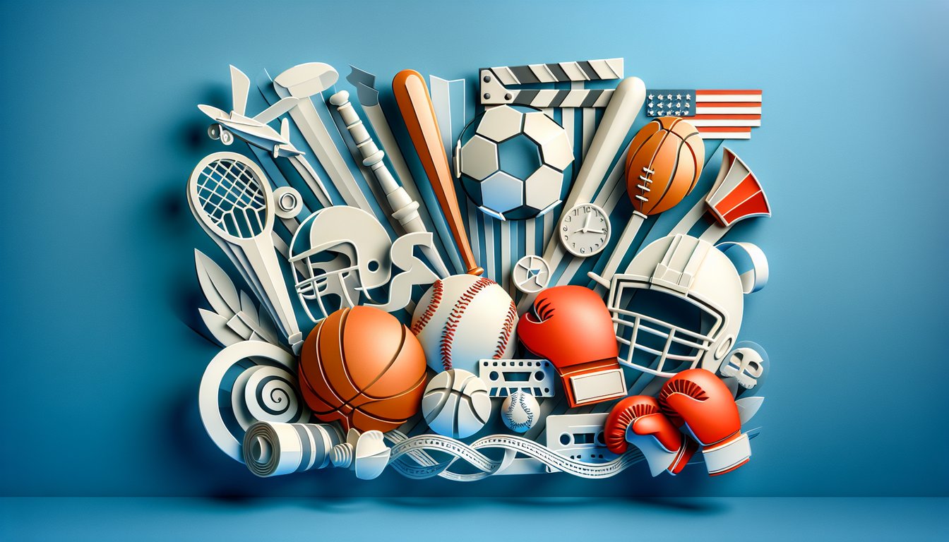 Paper art style film reel and sports gear collage on sky blue background evokes sports movie trivia quiz challenge