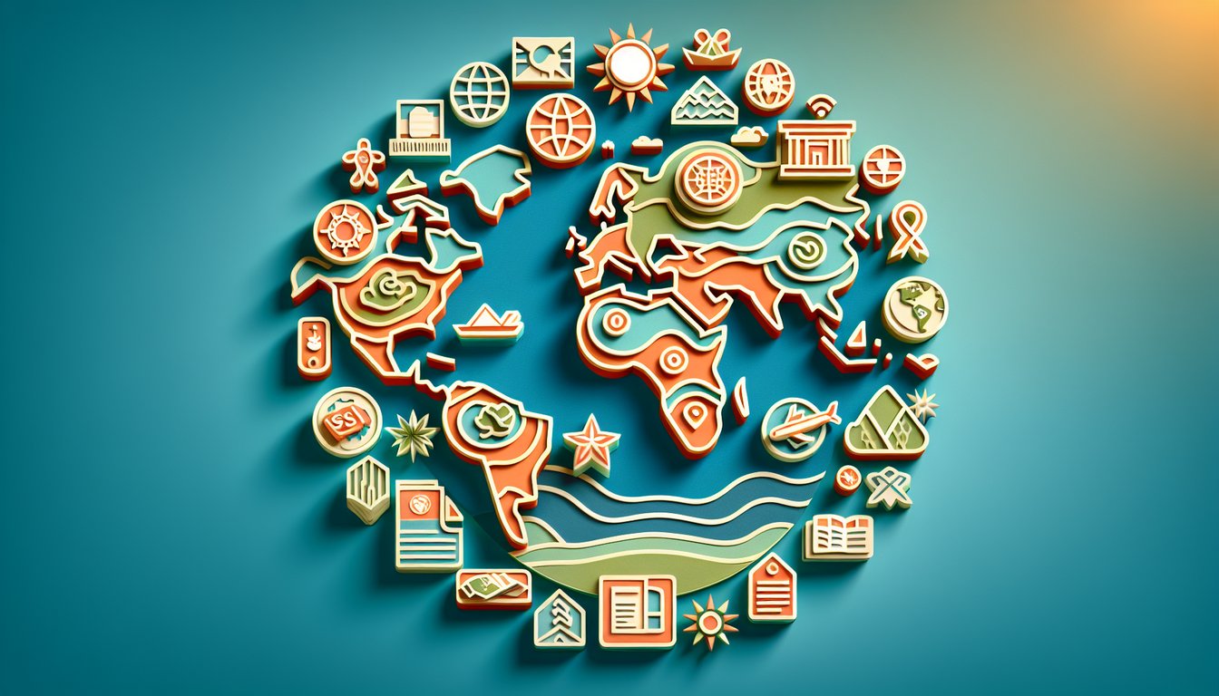 Teal background with layered cut paper continents for a world geography quiz matching countries to continents.