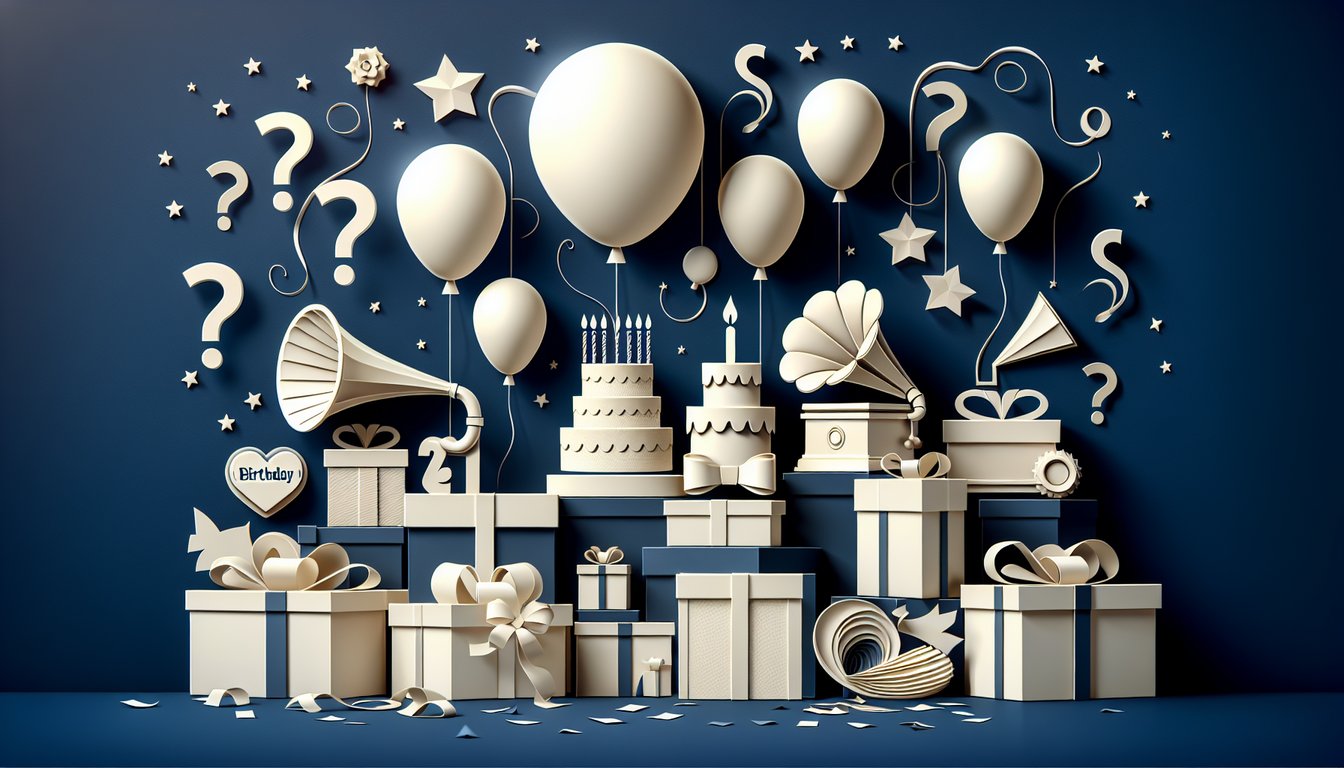 Paper art illustration for birthday gift ideas quiz on a dark blue background