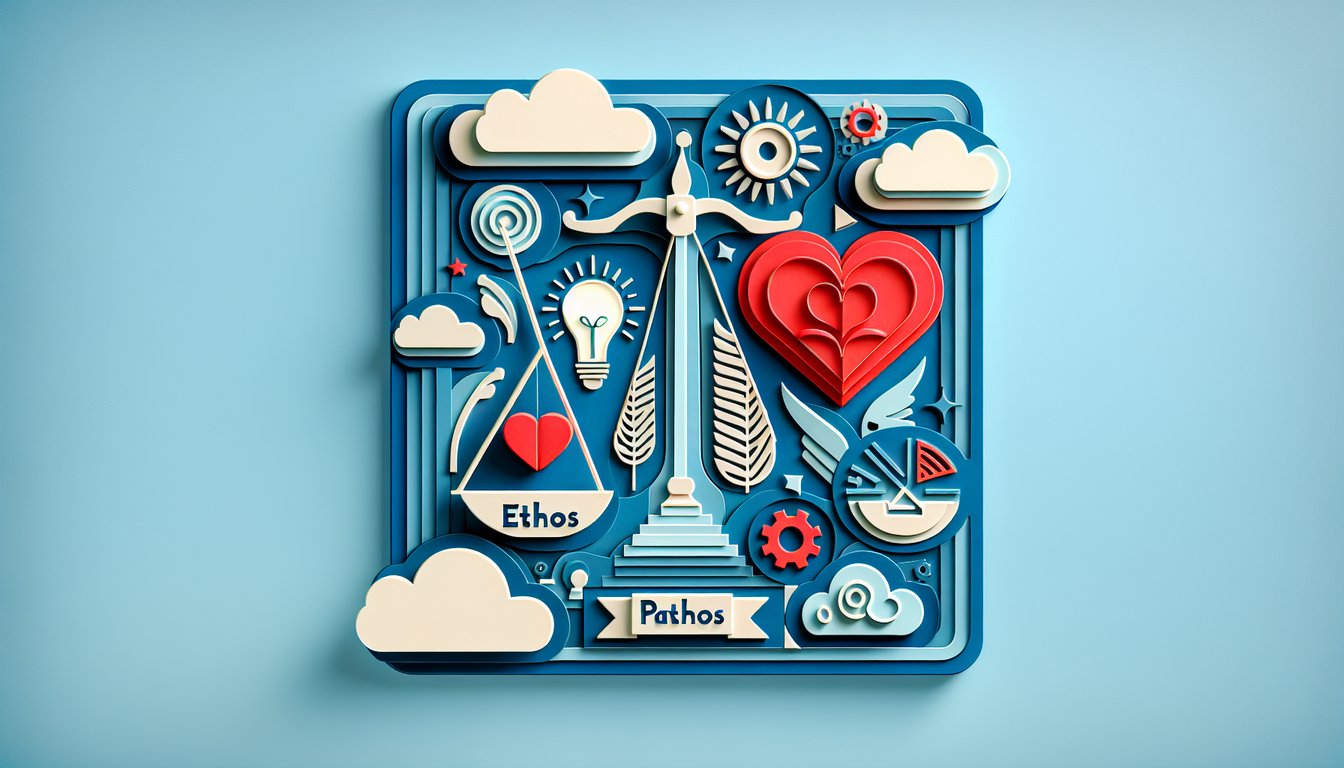 Colorful paper art collage featuring free interactive quiz text and words ethos pathos logos on sky blue background