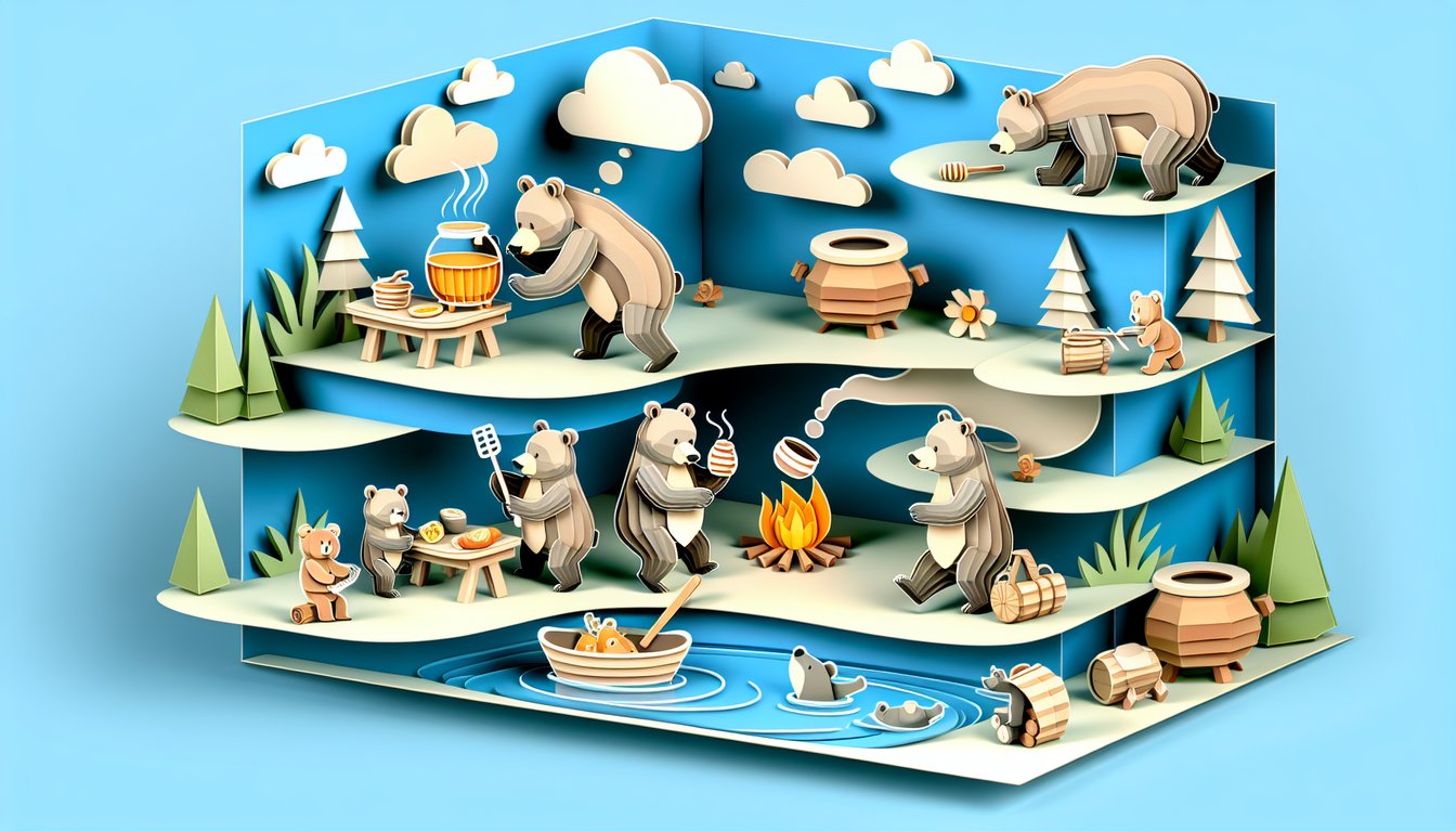 Paper art illustration for a quiz on identifying The Bear character based on foodie instincts on a sky blue background.