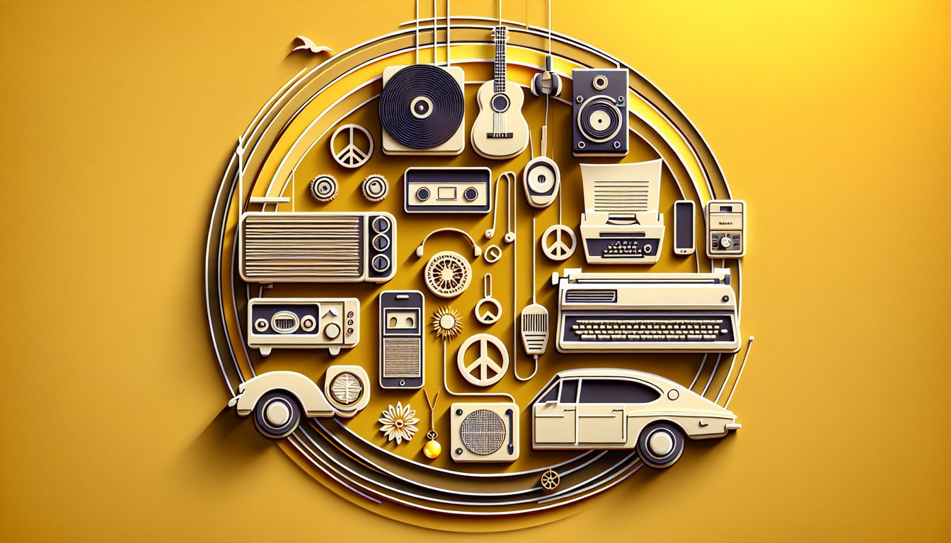 Paper art illustration of layered vintage silhouettes for a What Generation Am I quiz on golden yellow background