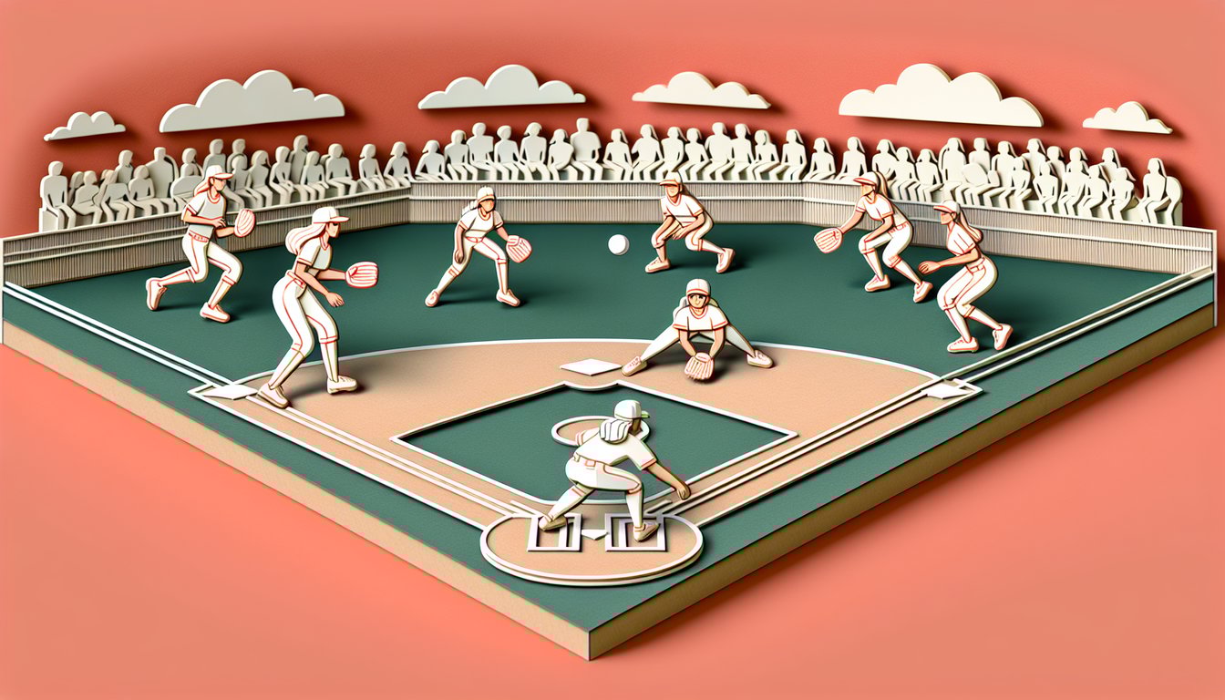 Paper art style baseball infield scene quiz prompt with glove ball and bases on coral background