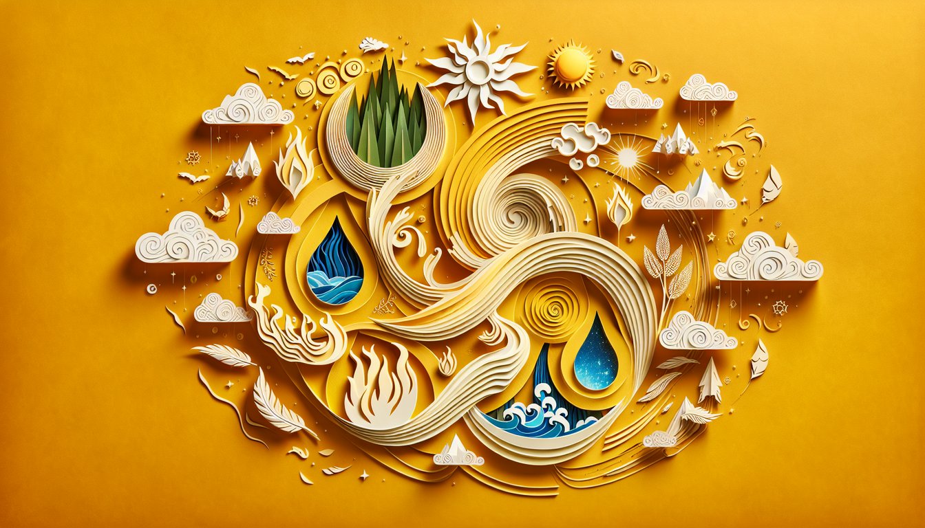 Paper art illustration of five layered elemental symbols Earth, Fire, Water, Air, Spirit on golden yellow background