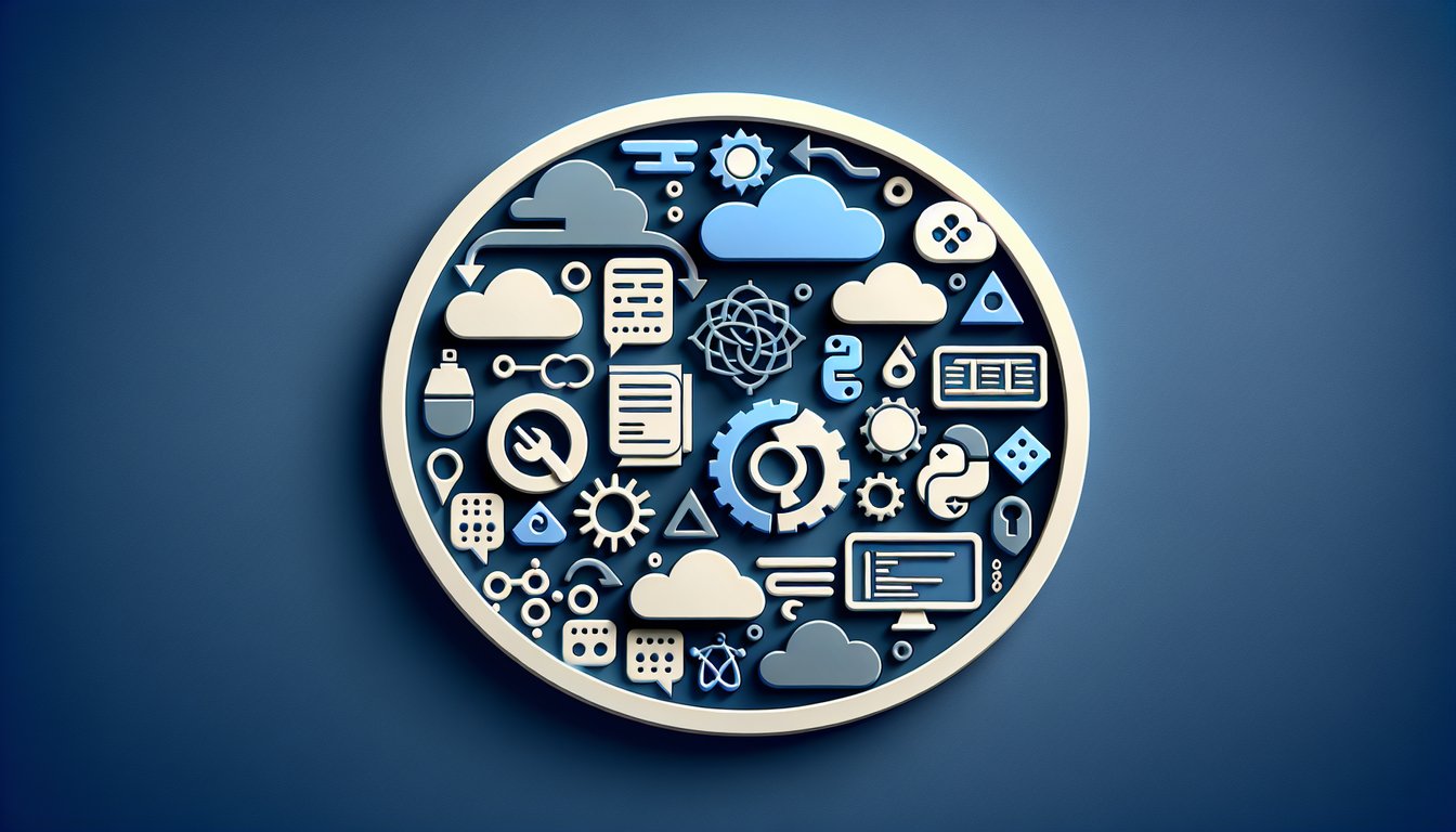Paper art illustration featuring Python quiz elements including code keywords, operators on dark blue background