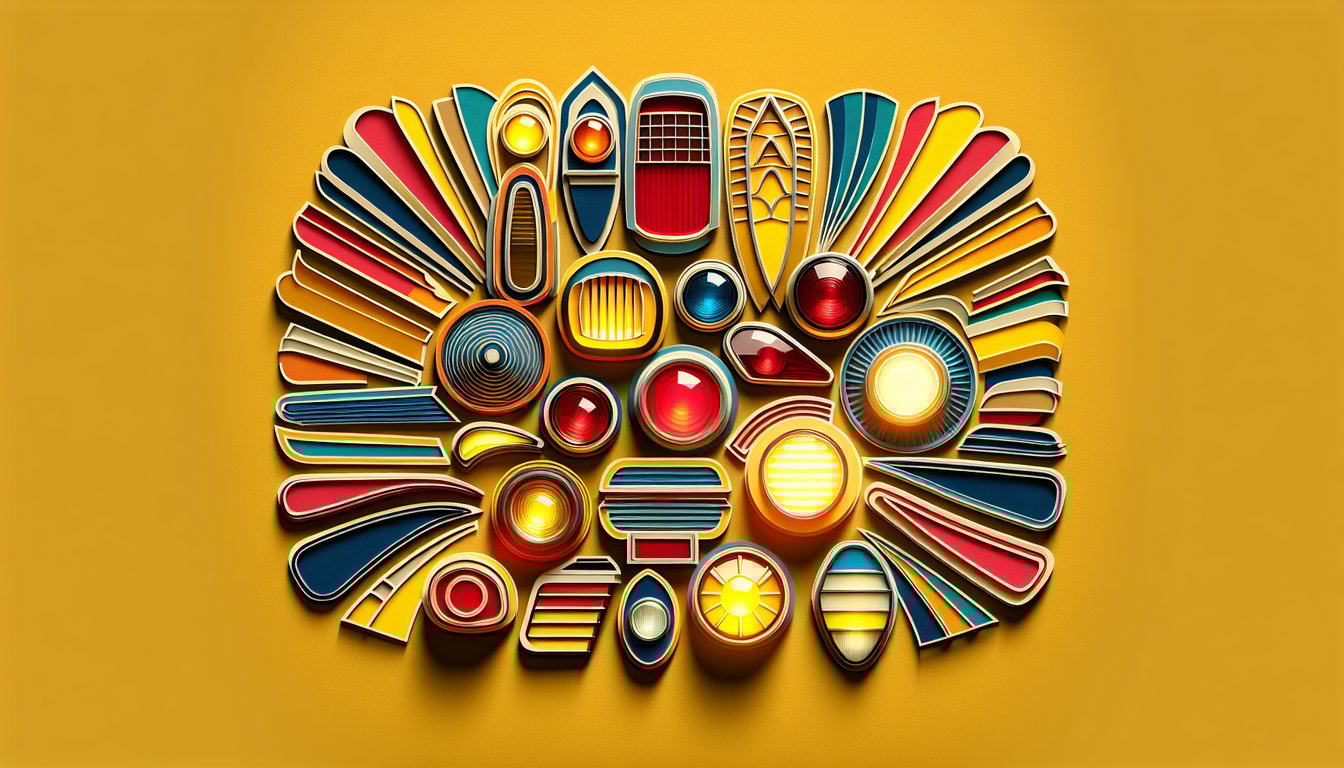 paper cut style tail light icons and car shapes in bright colors on golden yellow background for tail light quiz