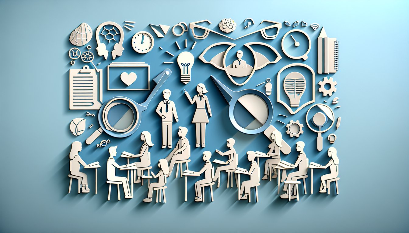 Paper art scene shows student silhouette facing teacher silhouette with question marks, arrows on sky blue background