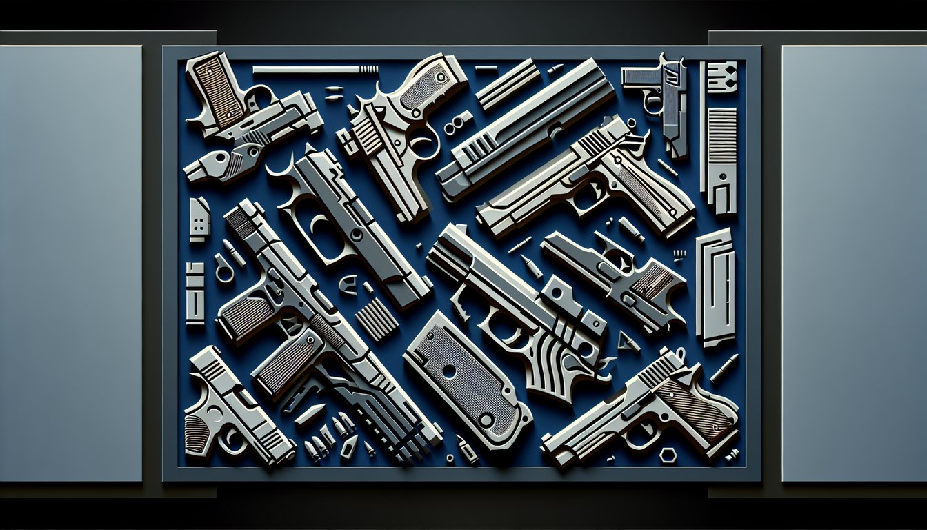Paper art illustration for quiz about finding the perfect handgun based on shooting style on dark blue background