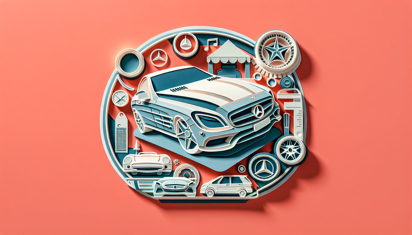 Paper art illustration of Mercedes-Benz quiz on coral background showing car models, milestones and quiz icon