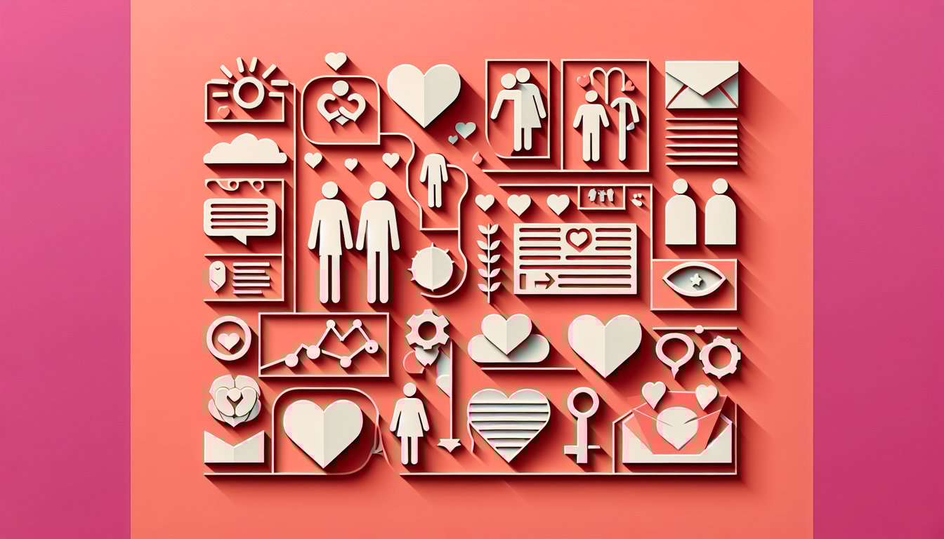 Paper art collage of hearts flowers and text blocks on coral background inviting quiz takers to assess dating strengths