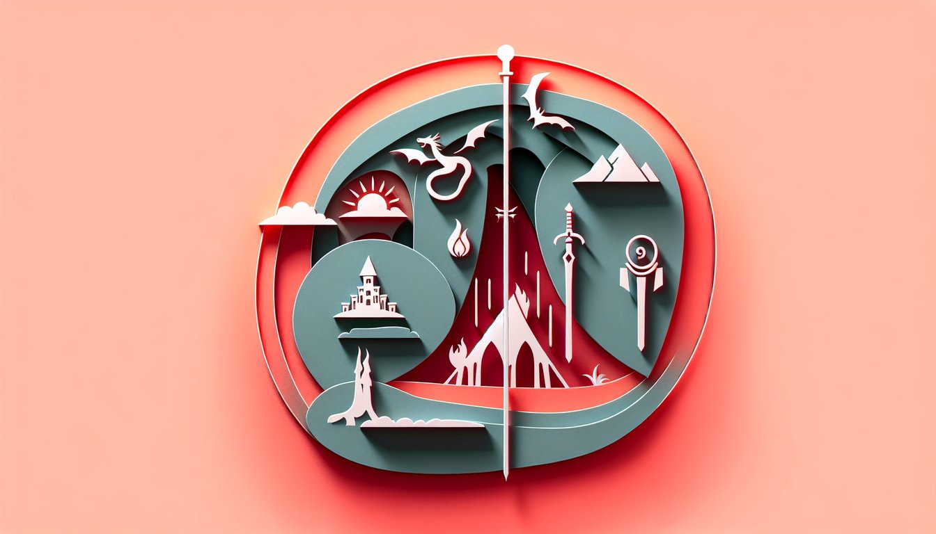 Paper art illustration on coral background for Fairy Tail episodes 1-20 trivia quiz featuring epic battles and plot twists.
