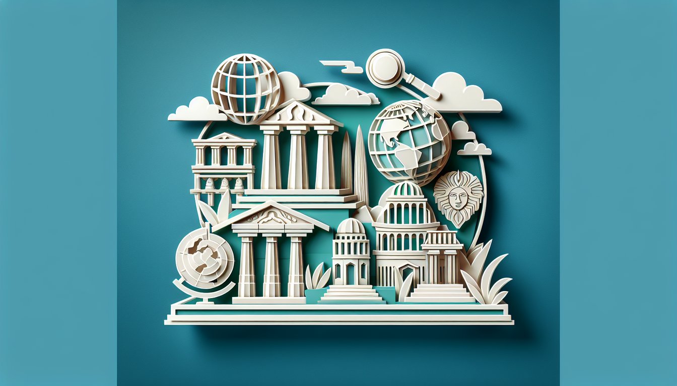 Paper art illustration for social studies quiz on history, geography, and civics on a teal background