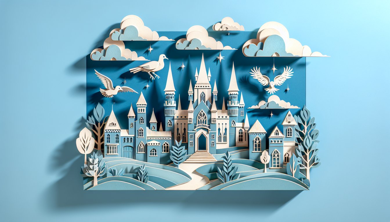 Paper art illustration for a Harry Potter soulmate quiz with house crests hearts and wand on sky blue background.