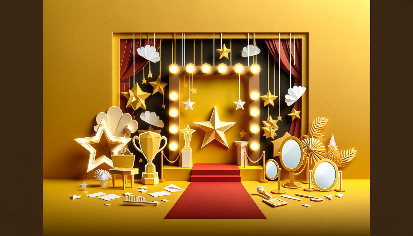 paper collage with stars microphone film-strip and persons silhouette on golden yellow background inviting free fame quiz