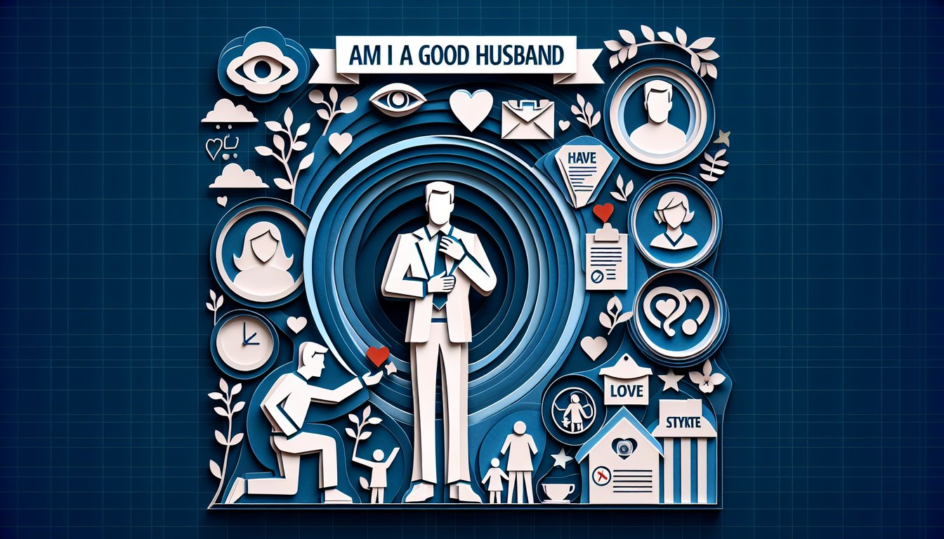 Paper art illustration for Am I a Good Husband quiz on dark blue background