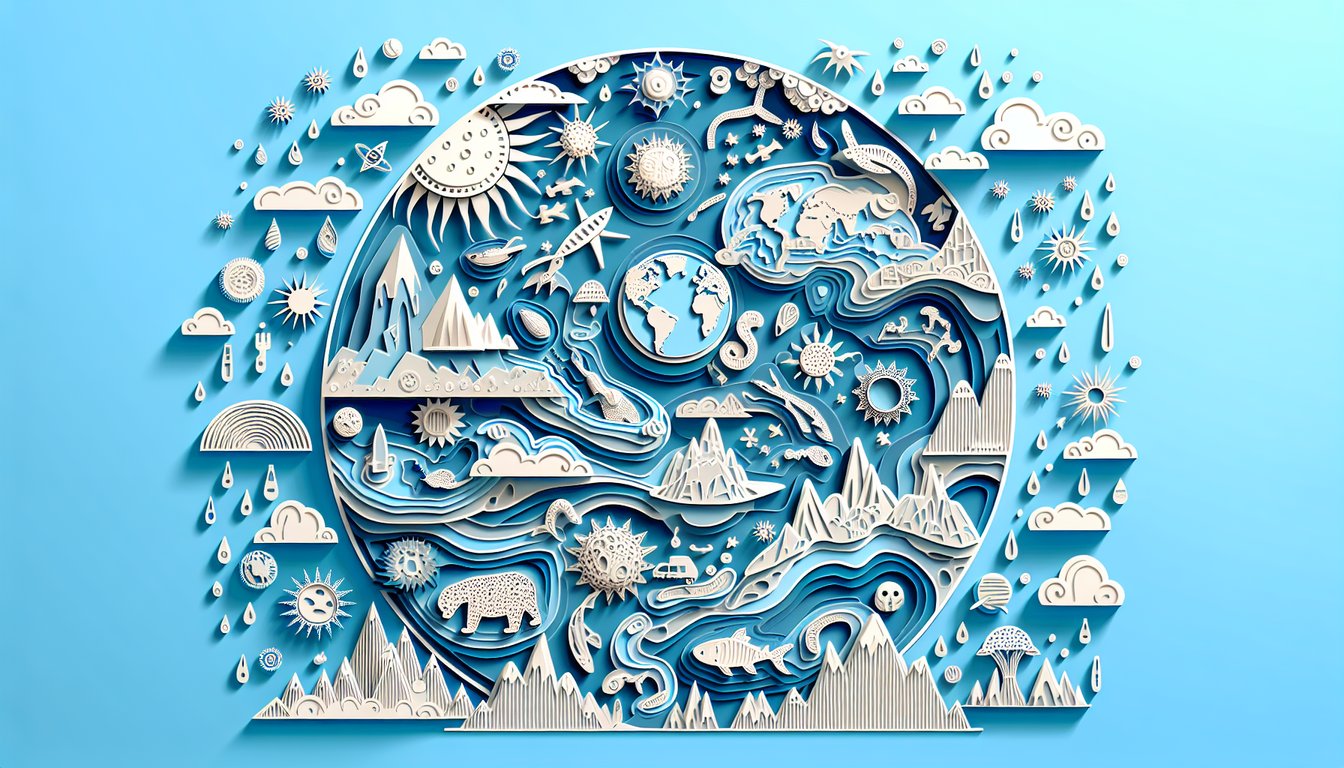 Paper art illustration for geologic time scale quiz on a sky blue background.
