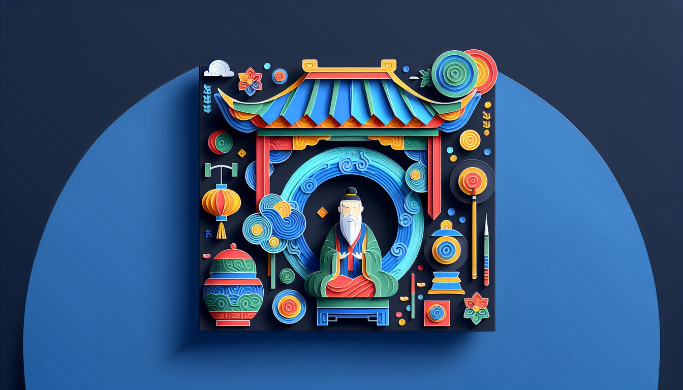 Colorful paper art depicting elements related to Confucianism for a knowledge quiz