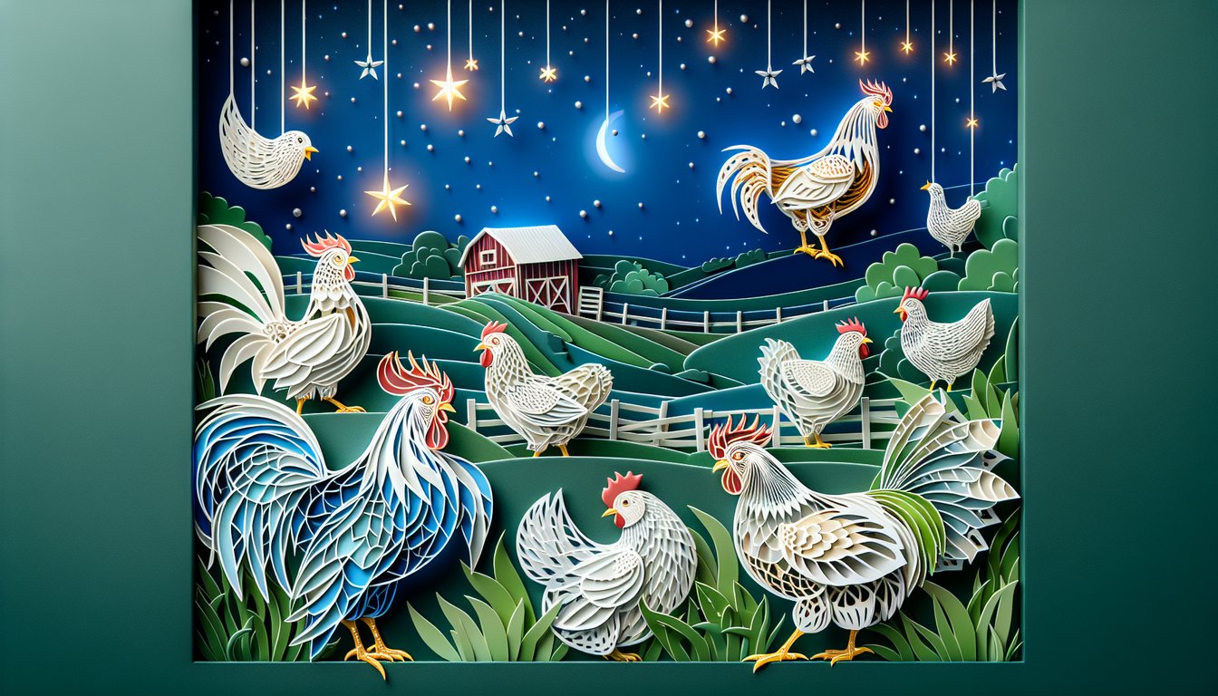 Paper art chicken silhouettes and whimsical breeds layered on dark blue background for quiz about unusual magical chickens
