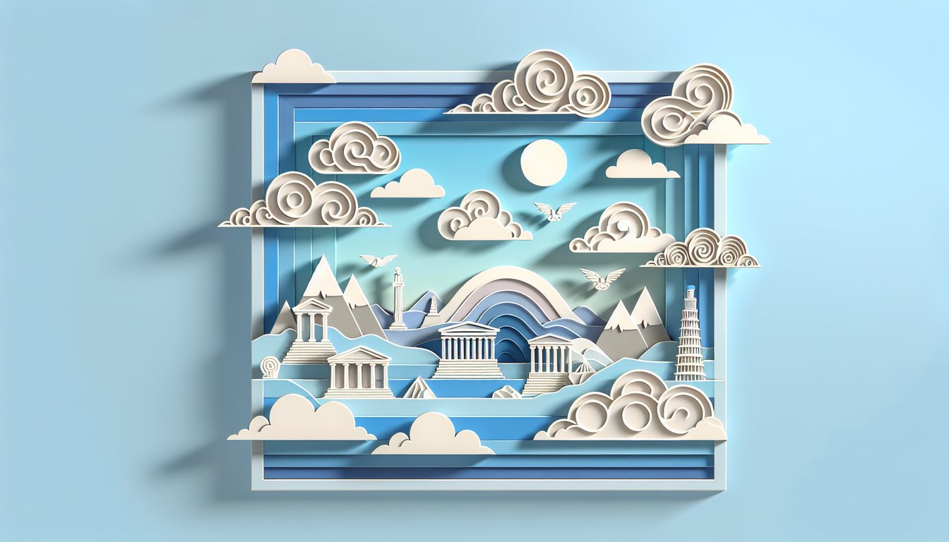 Paper art illustration of art history terminology quiz elements on sky blue background invites start of glossary challenge