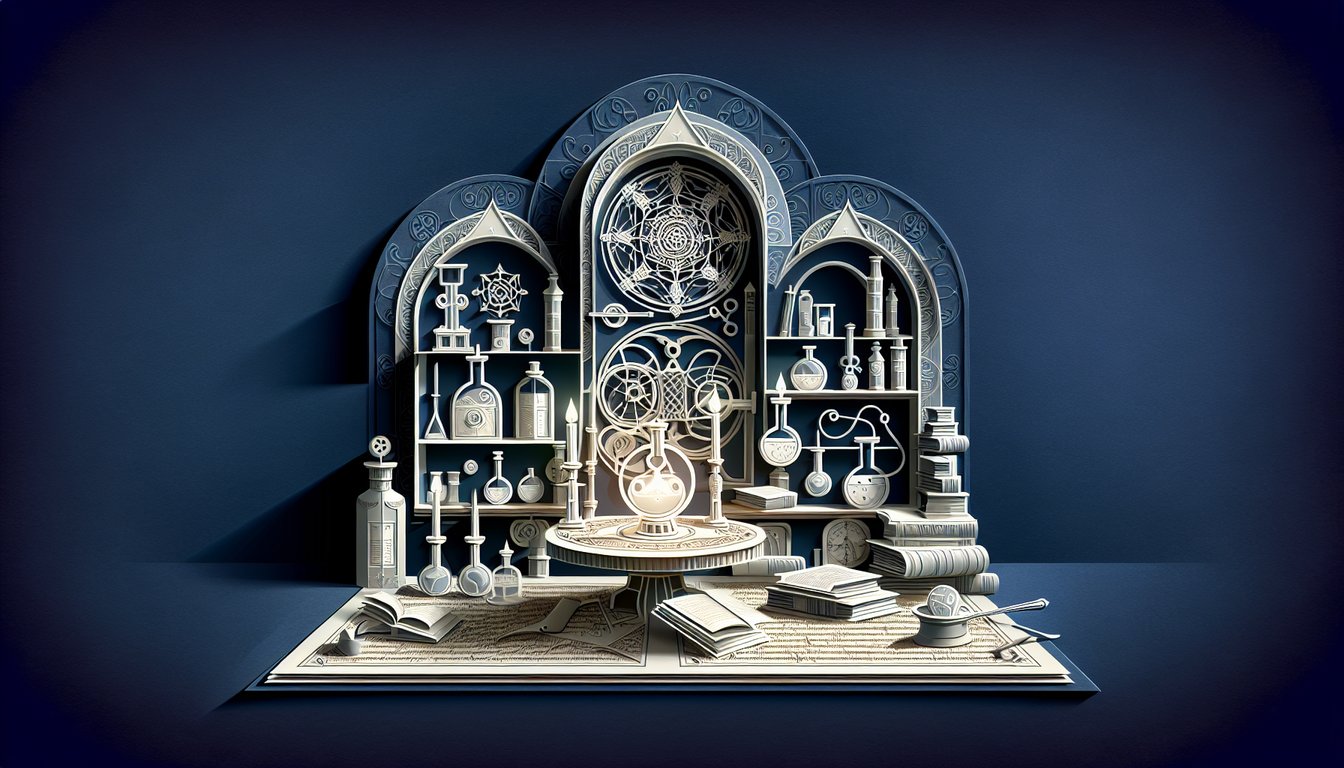 Paper art illustration of alchemical symbols, book elements for a quiz on The Alchemyst on dark blue background