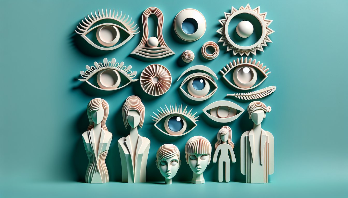 Paper art illustration for eye shape discovery quiz with beauty tips on a teal background