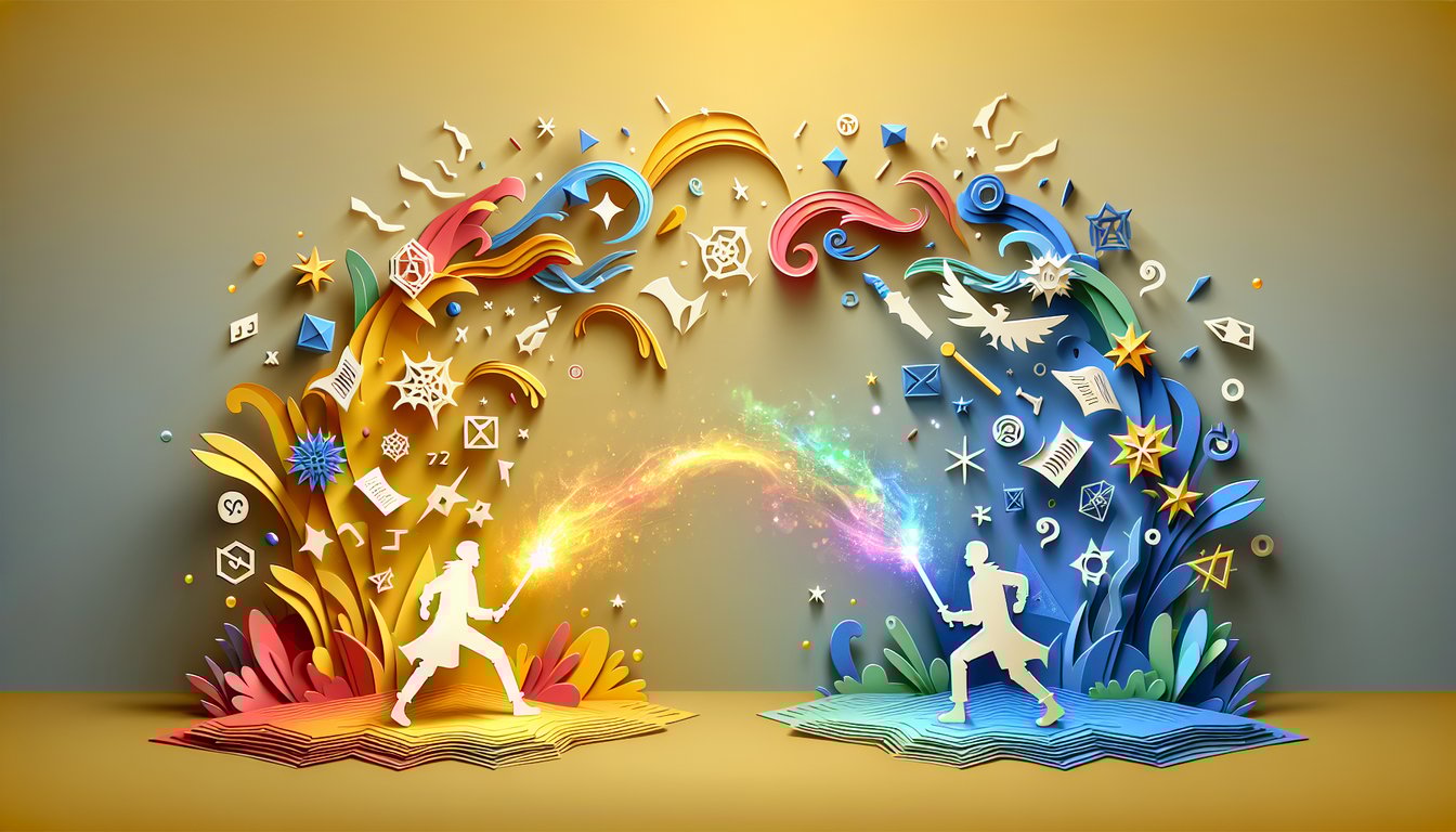 Paper art scene showing two wizards dueling with magic wands sparks and mystical symbols on golden yellow background