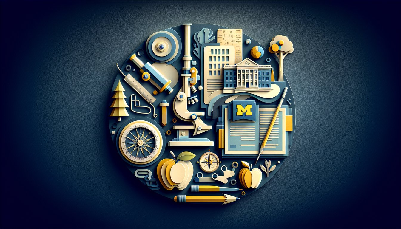 Michigan public university quiz paper art illustration on dark blue background