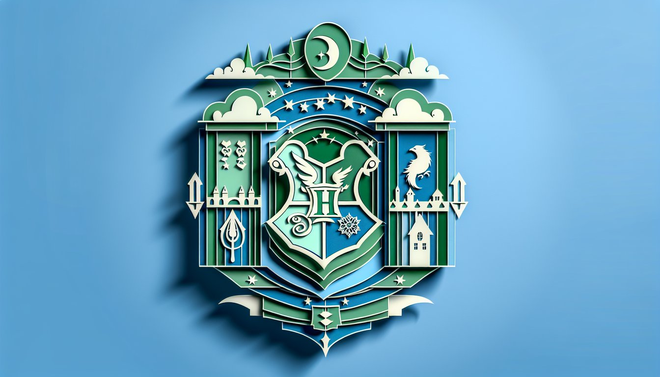 Paper art portrait of Draco Malfoy with personality quiz icons and Slytherin motifs on sky blue background.
