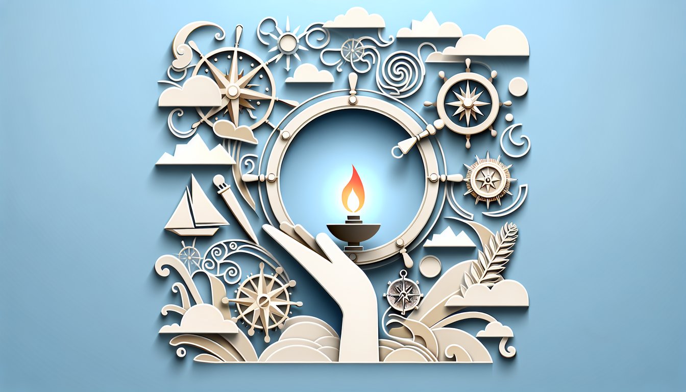 Paper art illustration for leadership style quiz with presidential theme on sky blue background