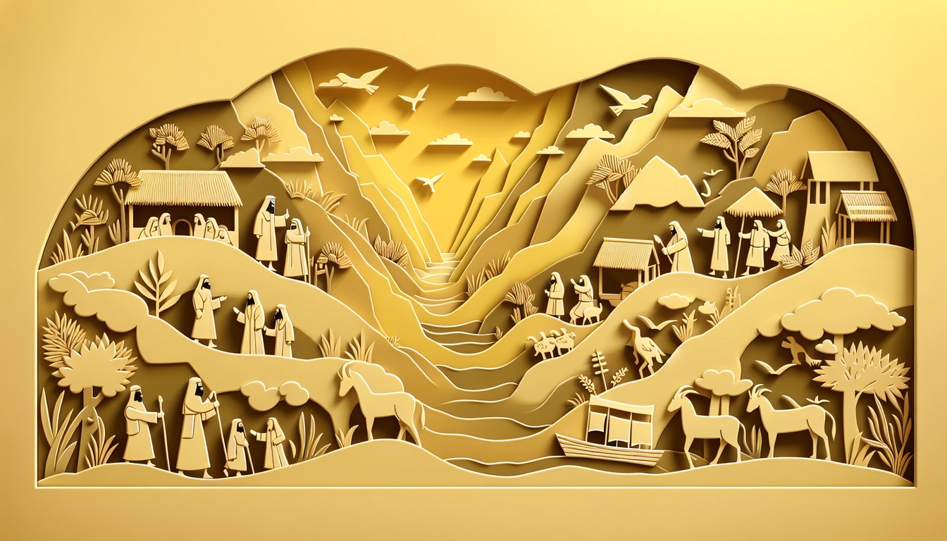 Paper art illustration of Jacob with sheep and Rachel with water jar on golden yellow background for Genesis 30-31 quiz
