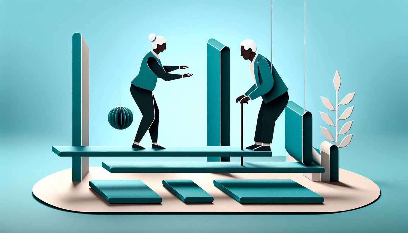 Paper art illustration for Fall Prevention QA quiz on a teal background to test safety skills.