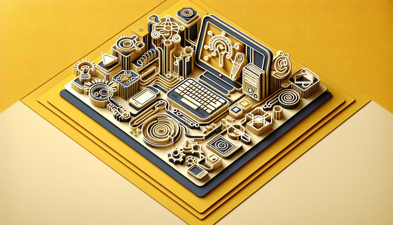 Paper art illustration for computer literacy test quiz on a golden yellow background
