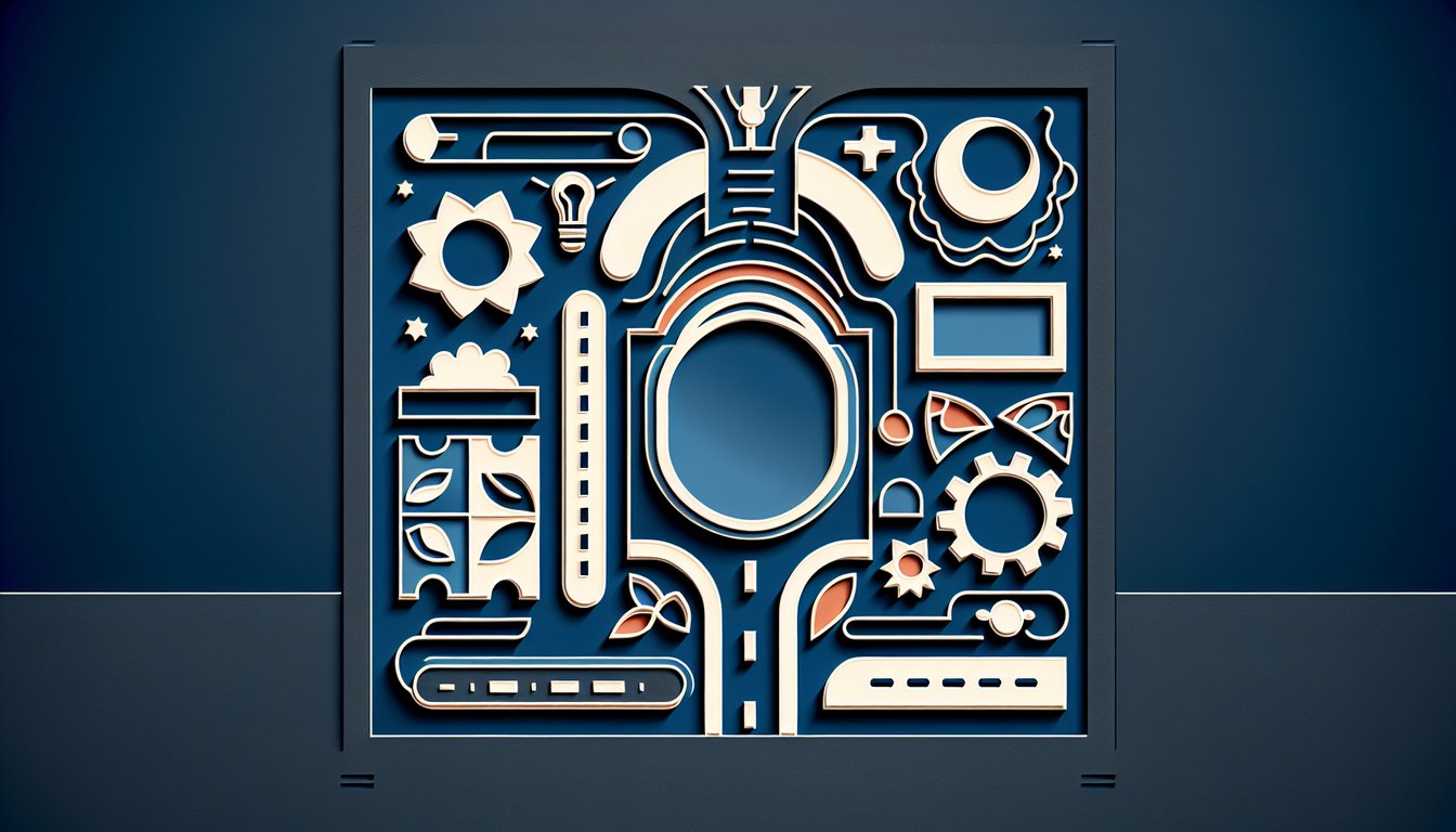 Paper art showing layered faces puzzle pieces hearts gears question marks in bright colors on dark blue background