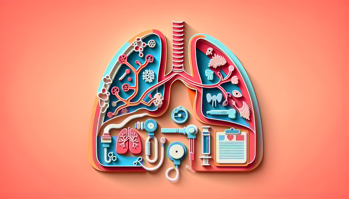 Cut paper lungs stethoscope bronchoscopy shapes and quiz title on coral background