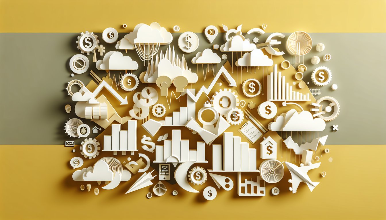 Paper art style supply and demand quiz graphic on golden yellow background with charts arrows and coins