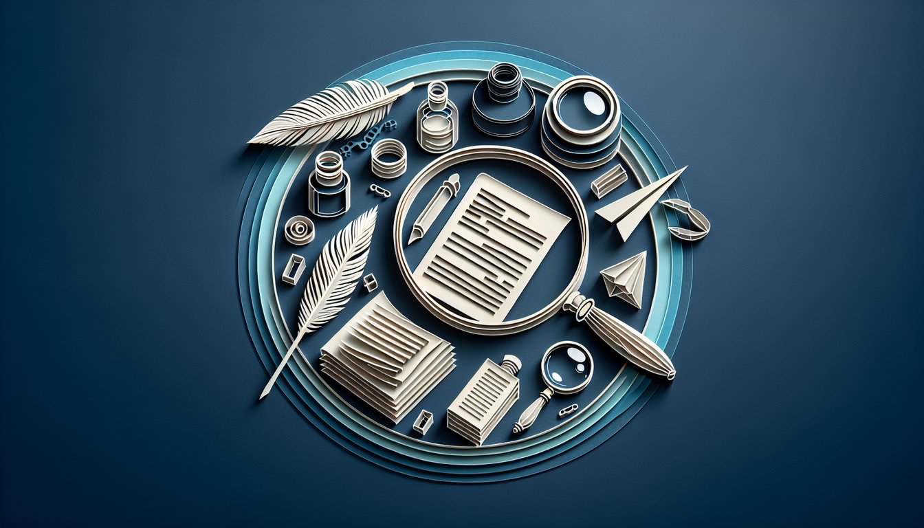 Paper art illustration of stylized handwriting tools and scribbles for a handwriting analysis quiz on a dark blue background