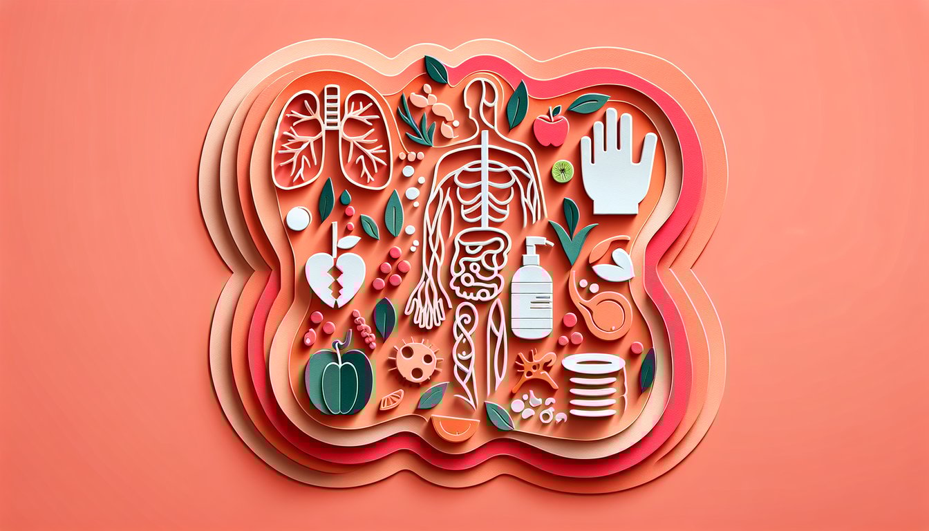 Paper art shows fruits vegetables soap toothbrush heart lungs brain icons for fifth-grade health quiz on coral background.