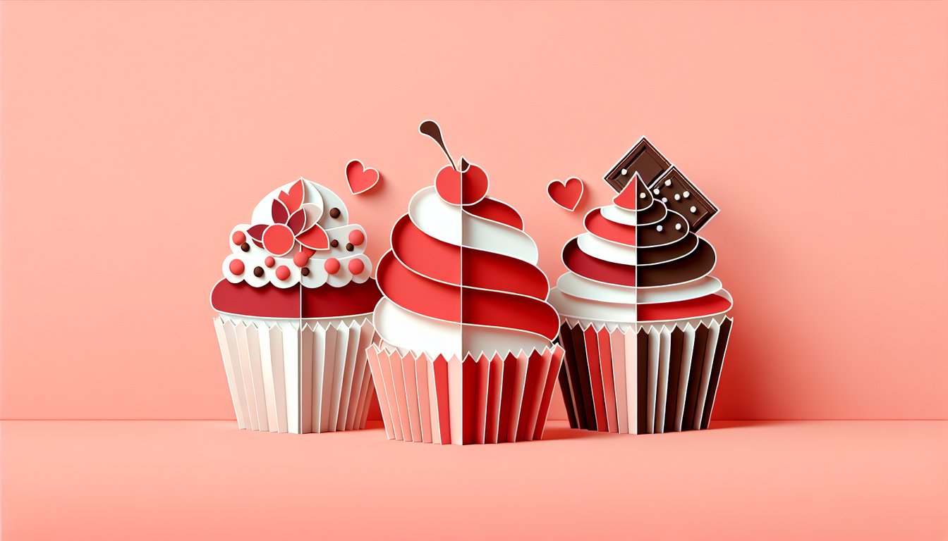 Paper art illustration for cupcake personality quiz on a coral background